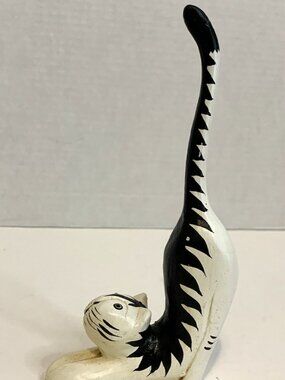 Vtg Hand Carved Wooden Long Tail Cat Figurine Ring Holder 7" Primitive Folk Art